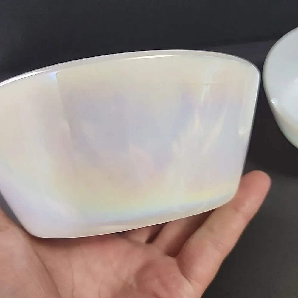 (2) Vtg Iridescent Anchor Hocking Fire King Milk Glass Custard Cups